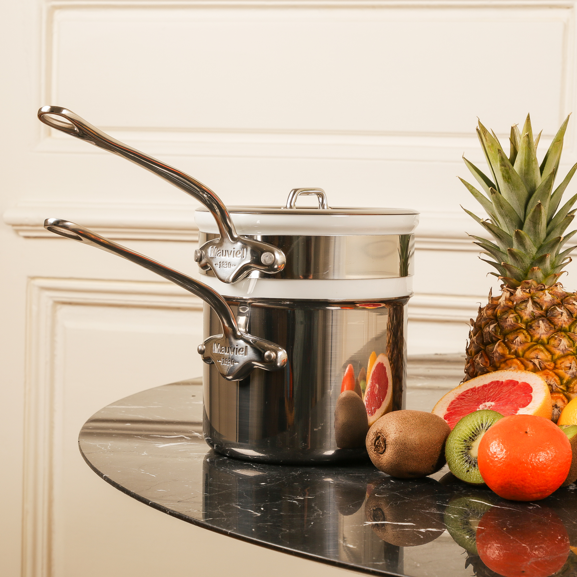 Mauviel Stainless Steel Bain Marie/Double Boiler With Lid, Cast Stainless Steel Handle, 1.8-Qt