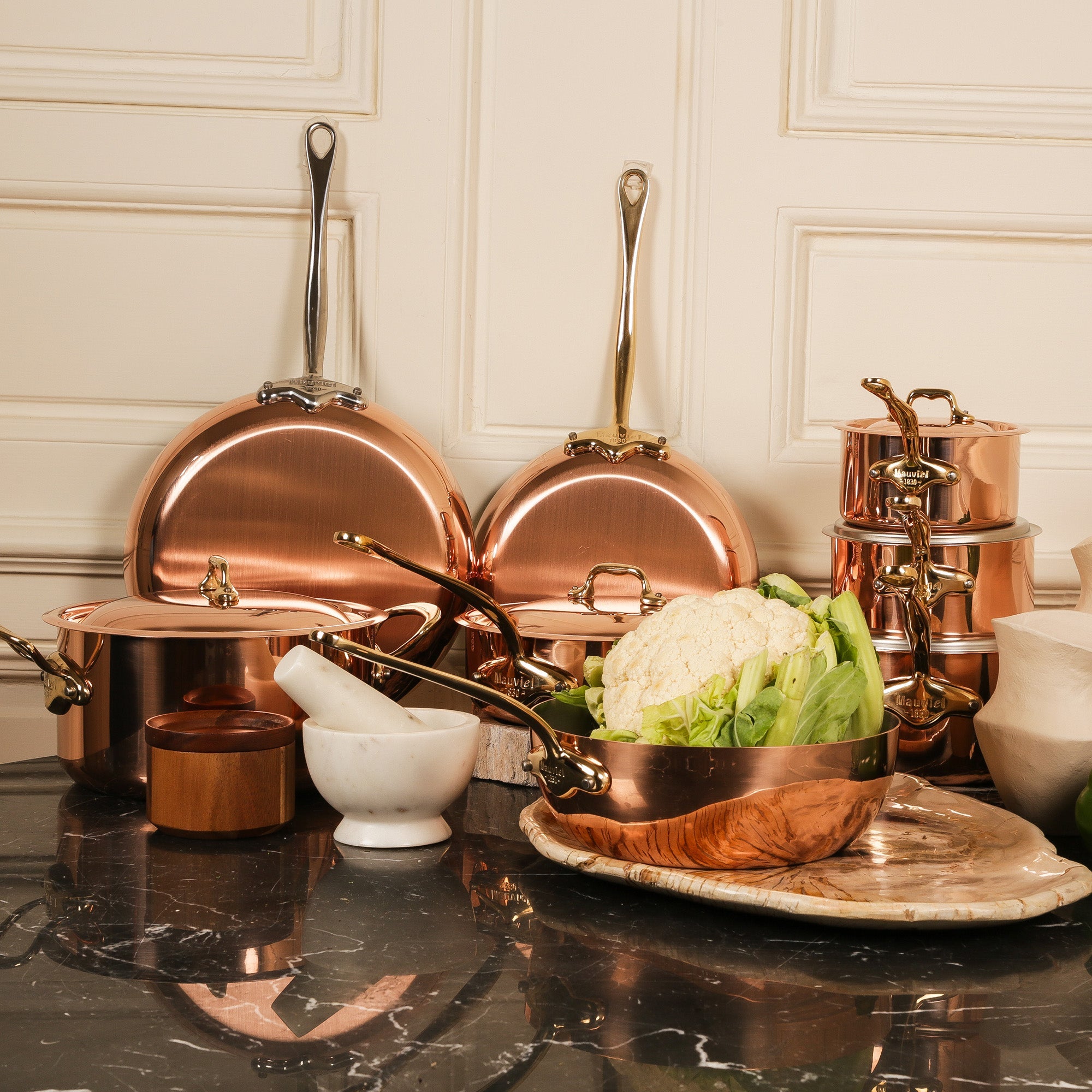 Mauviel M'Heritage M'150 B Copper Saute Pan With Lid, Brass Handle, 3.3-Qt
